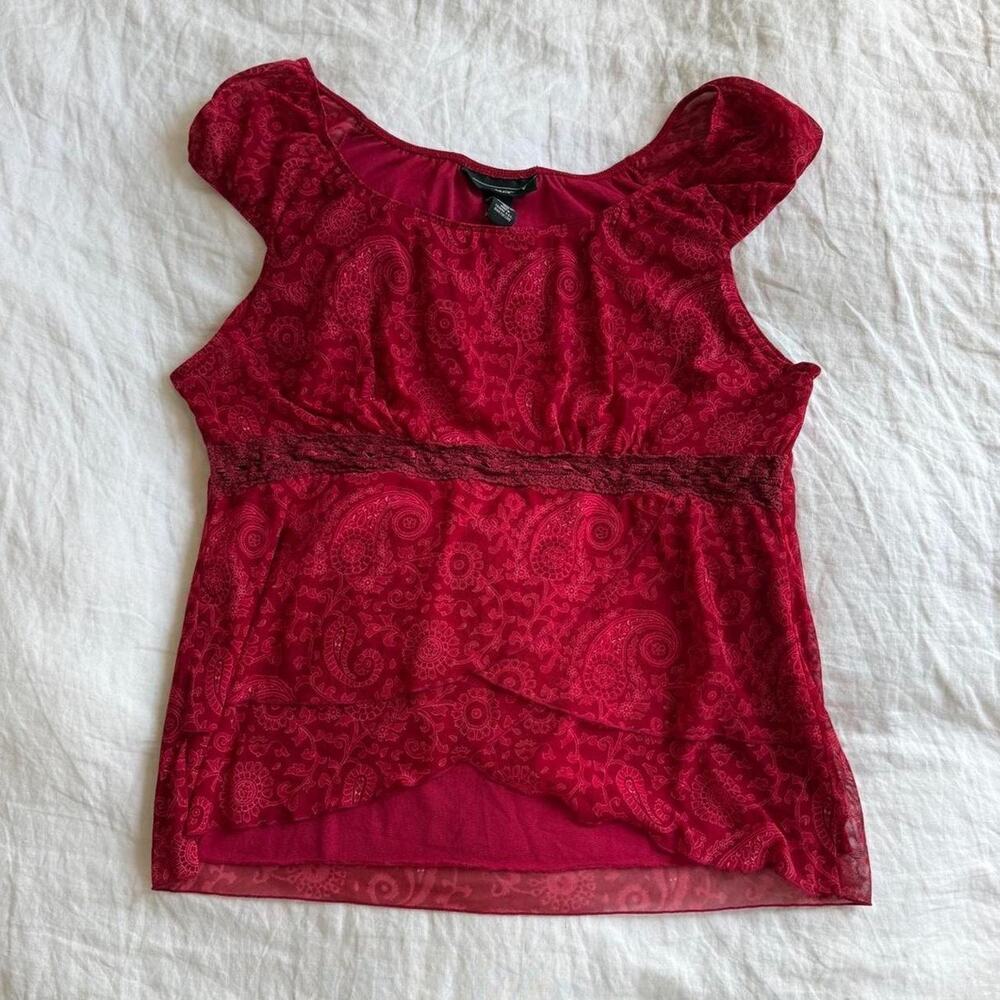 Y2k boho red paisley and lace milkmaid top